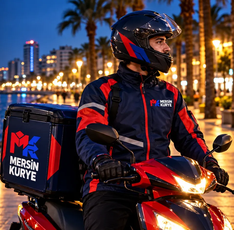 Gece Mersin sahilinde Mersin Kurye motosikletli kuryesi