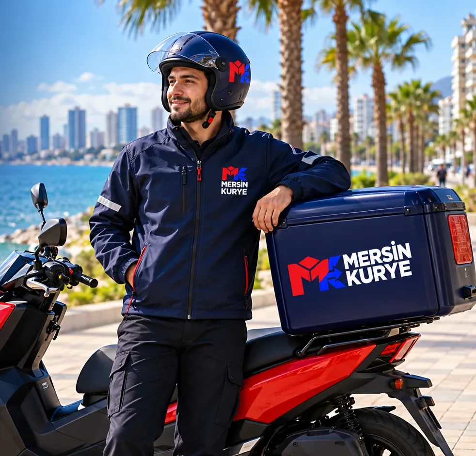 Mersin sahilinde, Mersin Kurye kutulu motosikletinin yanında duran kurye