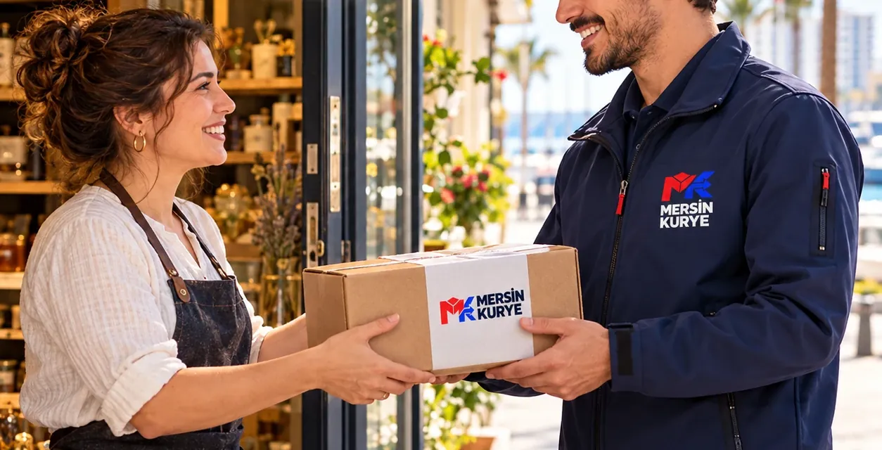 Mersin Kurye kuryesi bir dükkân sahibine paket teslim ediyor